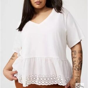 Torrid White Ruffle‎ Peplum Top Plus Size V Neck Short Sleeve Eyelet Cotton Tee